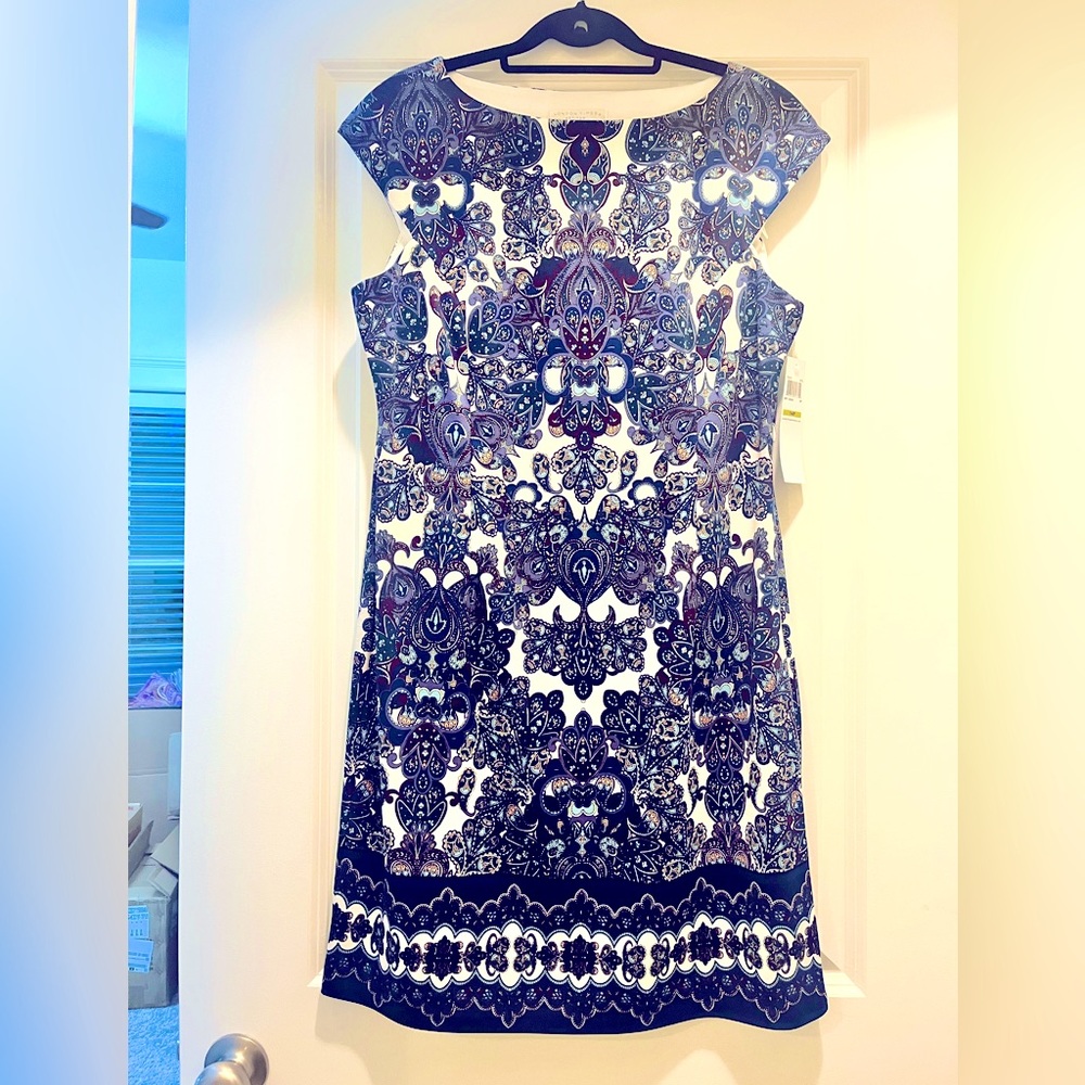 London Times Petite Body Con Cap Sleeve Patterned Dress Size 14P NWT